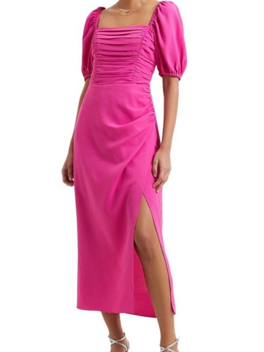 French connection Pink Square-Neck Puff Sleeve Midi Dress